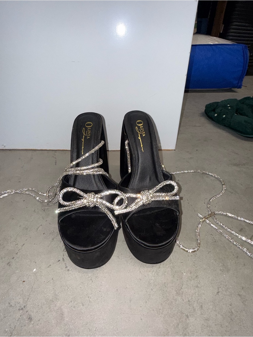 Platform Slide Sandals with Rhinestone Tie - Black